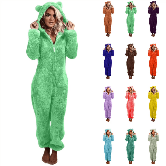 QATAINLAV Womens Cute Bear Onesie Hoodie Winter Sherpa Warm Adult Pajamas Solid Color Plush Hooded Jumpsuits Sleepwear, Light Blue, XL