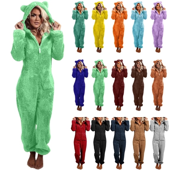 QATAINLAV Sherpa Jumpsuits for Women Fuzzy Onesies Pajamas Long Sleeve Adult Cat Ears Hooded Rompers Sleepwear Warm Plush One Piece Pants Sales Prime Mint Green XL