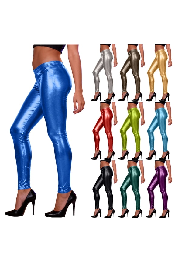 Shiny High Waist Stretch Leggings for Women Fashion Faux Leather Legging Yoga Pants Solid Color Slim Fit Tights Trousers, Gold, Free Size