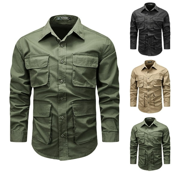 QATAINLAV Shirts Jacket for Men Big and Tall Tactical Shirts with Pockets Solid Color Button Down Work Tops Casual Long Sleeve Lapel Cargo Shirts Limited Time Sale Khaki 4XL