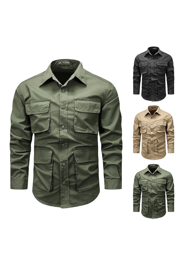 Shirts Jacket for Men Big and Tall Tactical Shirts with Pockets Solid Color Button Down Work Tops Casual Long Sleeve Lapel Cargo Shirts Army Green 3XL