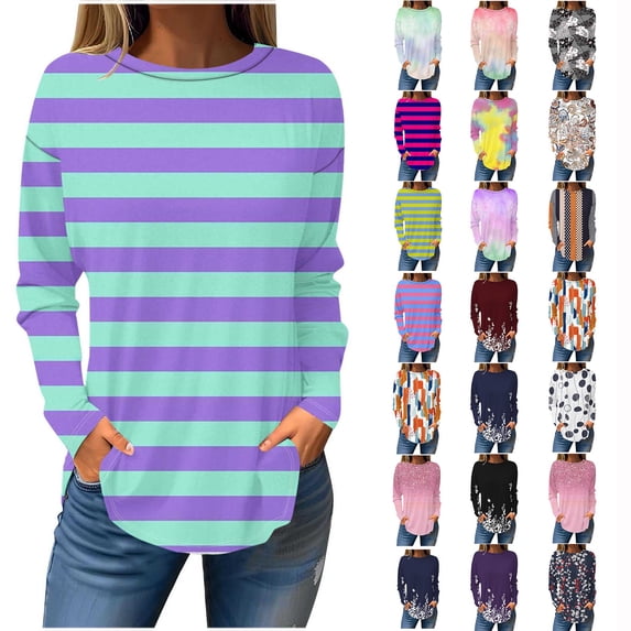 QATAINLAV Shirts for Women Floral Printing Long Sleeve Pullover Loose Fit T Shirts Round Neck Sweatshirt Casual Fall Blouse Best Sales Today Purple XL