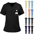 thumbnail image 1 of QATAINLAV Short Sleeve Scrubs for Women Sets Comfort Stretch V-Neck Scrub Tops and Joggers Pants Nursing Uniform Solid 2 Piece Set Black,L, 1 of 5