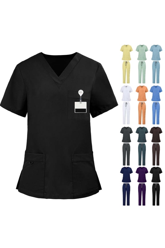 Short Sleeve Scrubs for Women Sets Comfort Stretch V-Neck Scrub Tops and Joggers Pants Nursing Uniform Solid 2 Piece Set White,XXL