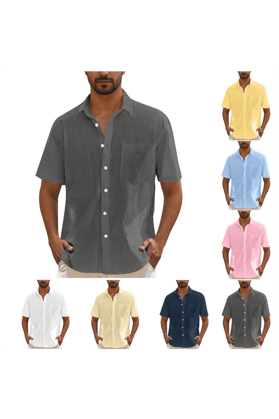 Short Sleeve Shirts for Men Summer Casual Button Down Work Tops with Pockets Solid Hawaiian Beach Tshirts Dark Blue XXL