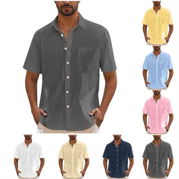 QATAINLAV Short Sleeve Shirts for Men Summer Casual Button Down Work Tops with Pockets Solid Hawaiian Beach Tshirts Sky Blue XL Camisas Para Hombres