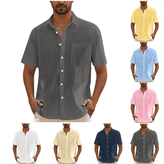 QATAINLAV Short Sleeve Shirts for Men Summer Casual Button Down Work Tops with Pockets Solid Hawaiian Beach Tshirts Dark Gray XL