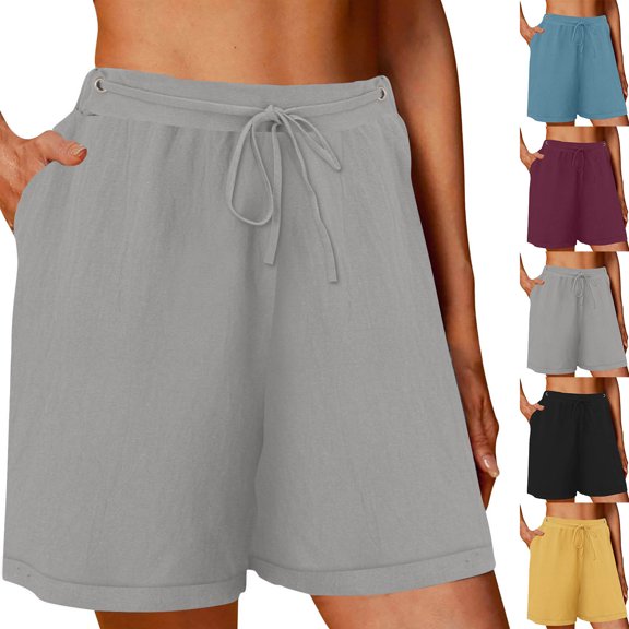 QATAINLAV Shorts for Women Linen Loose Fit Wide Leg Bermuda Shorts Casual Drawstring High Waisted Beach Shorts Solid Color Lounge Shorts with Pockets Yellow XXL