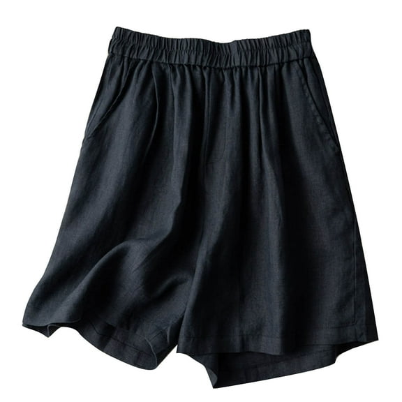 QATAINLAV Shorts for Women Linen Wide Leg Beach Shorts Summer Elastic High Waisted Short Pants 2025 Lightweight Solid Color Bermuda Shorts with Pockets Black XL