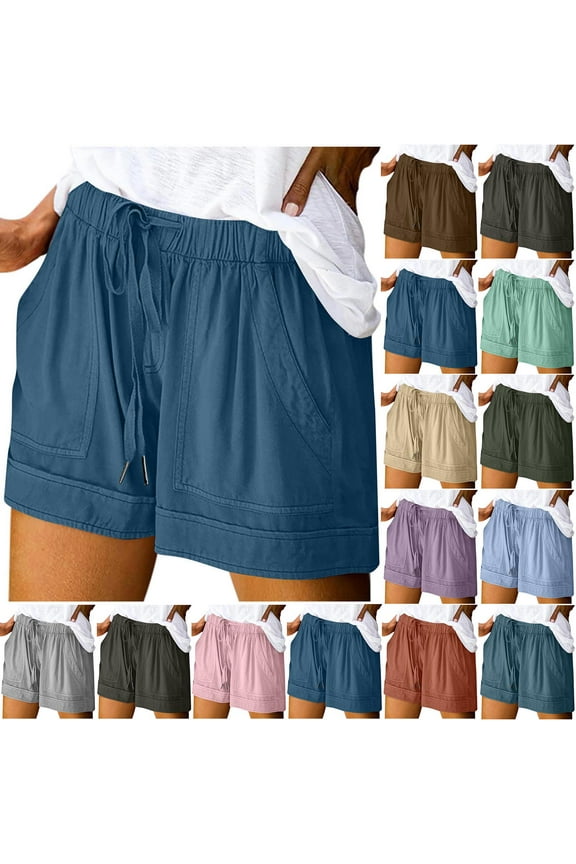 Shorts for Women Plus Size, Casual Drawstring Elastic Waist Beach Shorts Summer Loose Wide Leg Shorts Solid Going Out Short Pants with Pockets Warehouse Sales Today Wine M