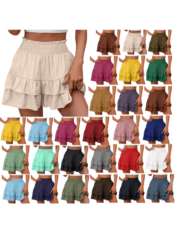 Bermuda Shorts for Women Summer High Waisted Ruffle Shorts Solid Casual Pleated Hem Short Pants Loose Skirt Shorts Khaki L