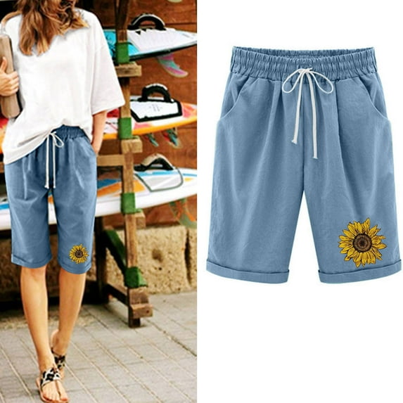 QATAINLAV Shorts for Women Summer Linen Drawstring Workout Shorts Casual Elastic Waist Beach Shorts Sunflower Print Knee Length Bermuda Shorts with Pockets Bermudas Mujer Elegantes Blue M