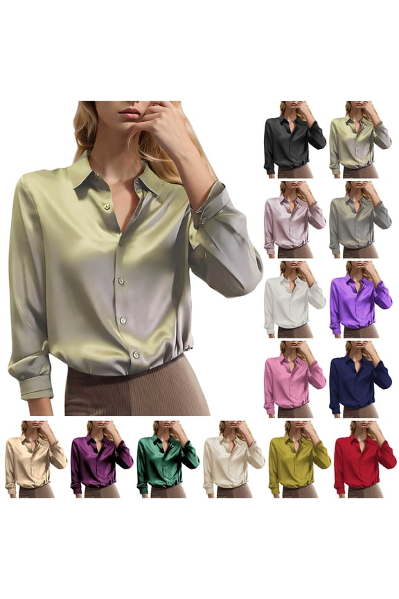 Silk Satin Blouses for Women Office Button Up Long Sleeve Shirts Solid Casual Dressy Business Tops, Coffee, XL