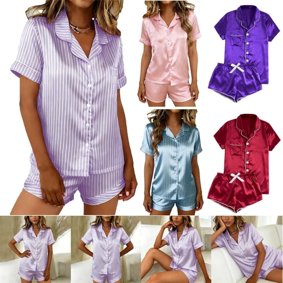 QATAINLAV Silk Satin Pajamas for Women Set Soft Short Sleeve Sleepwear Button Down Tops and Shorts Cute Pj Summer 2 Piece Outfits, Dark Blue, L
