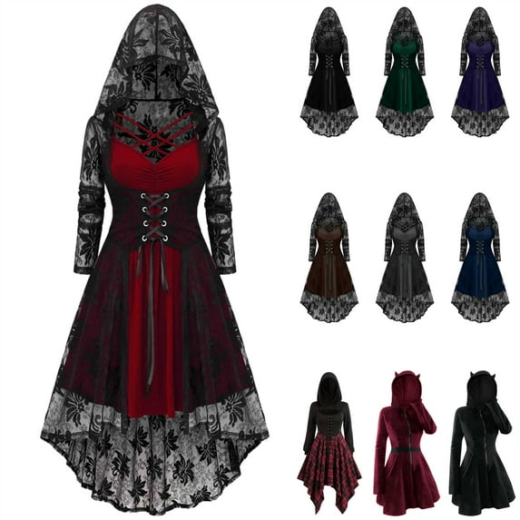QATAINLAV Skater Dresses for Women Fashion Plaid Patchwork Pleated Dress with Hooded Vintage Gothic Halloween Costume, Black, XXL