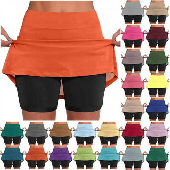 QATAINLAV Skirt Shorts for Women Solid Layered Ruffle Mini Skirts with Shorts Casual High Waisted Tennis Skirts Milk Silk Soft Yoga Shorts Orange 3XL