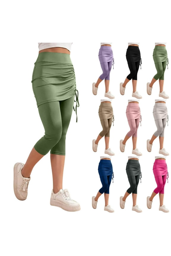 Skirted Leggings for Women Tennis Golf Skorts Capris Solid Casual Side Drawstring Skirt with Tight Cropped Capri Pants Black XL Ofertas en Walmart