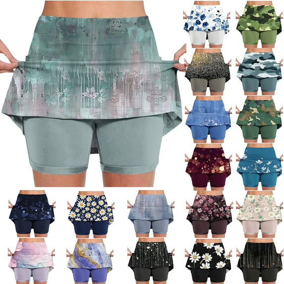 QATAINLAV Skort for Women Trendy Graffiti Print Skirt Shorts Summer Casual Layered Ruffle Mini Skirts with Shorts High Waisted Tennis Skirts Soft Yoga Shorts Best Deals Today Blue XXL