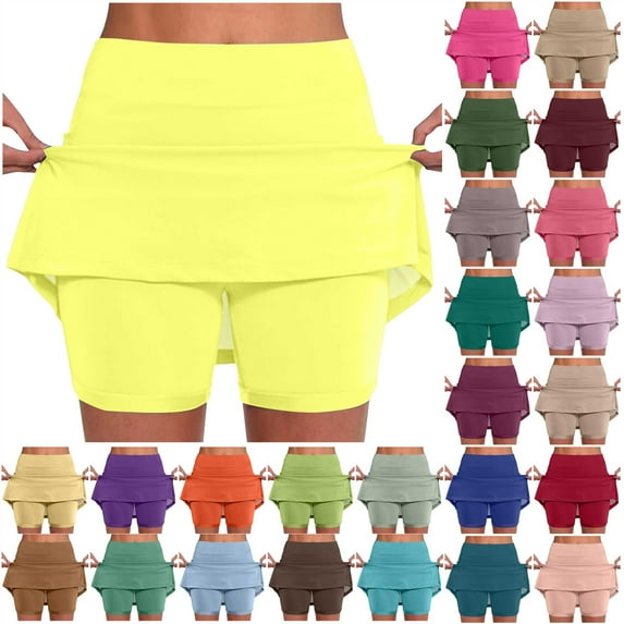 QATAINLAV Skorts for Woman, Womens Casual Layered Ruffle Mini Skirts Milk Silk Soft Yoga Culottes Solid Athletic Running Skirt with Shorts Hot Pink XL