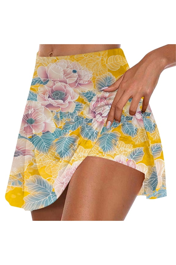 Skorts for Women 2025 Trendy Floral Print Golf Tennis Skirts Summer Outdoor Athletic Stretchy Fake Two Piece Trouser Skirt My Orders Placed By Me Yellow L