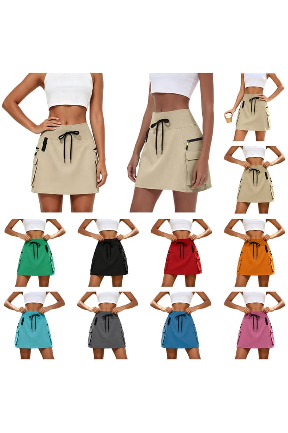 Skorts for Woman Hiking Cargo Skorts with Zipper Pockets Dressy Casual Drawstring High Waisted Golf Workout Skirts Gray M