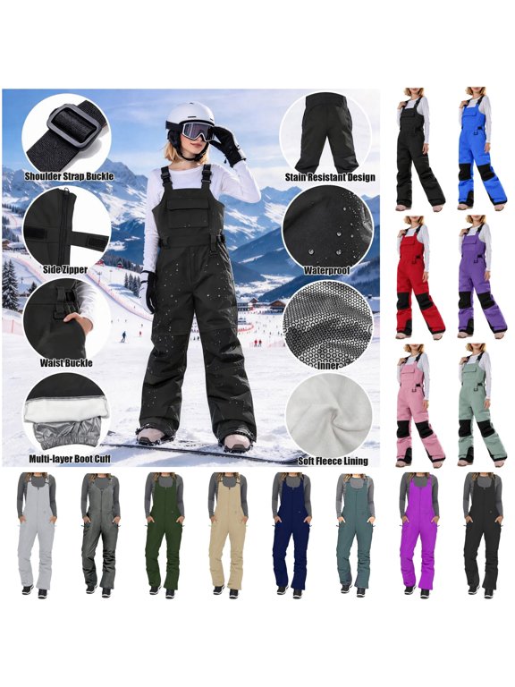 Snow Bibs for Woman Color Patchwork Snowboard Ski Overalls Bib with Pouch Pocket Winter Snowsuits