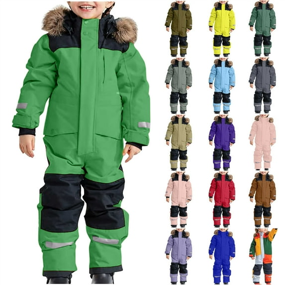 QATAINLAV Snowsuit Girls Boys One Piece Pants Winter Thickened Warm Waterproof Windproof Overall with Hood, Light Blue, 90