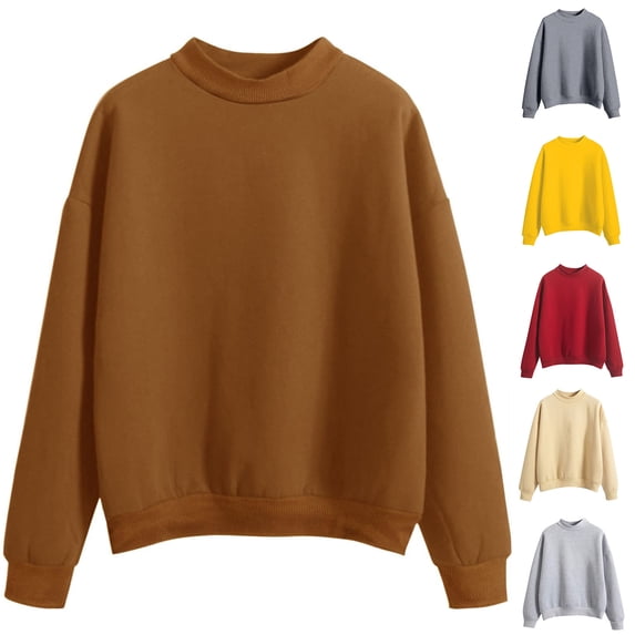 QATAINLAV Solid Color Sweatshirts for Women Casual Oversized Long Sleeve Round Neck Pullover Tops 2026 Fall Winter Trendy Workout Outerwear Brown M