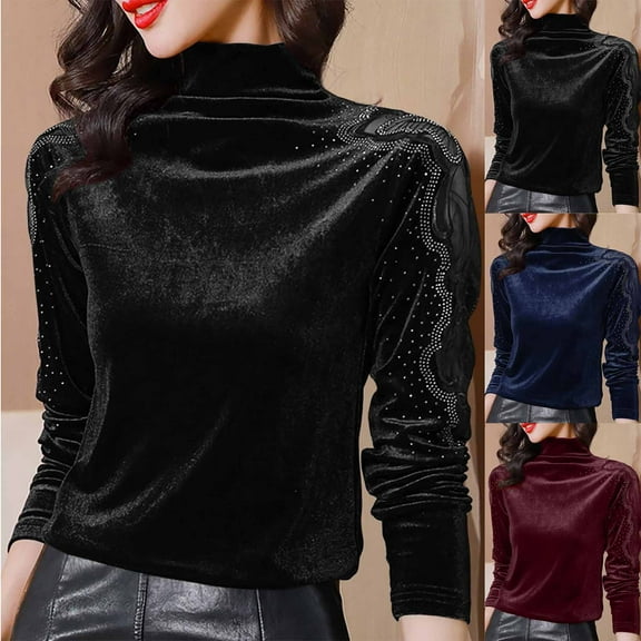 QATAINLAV Sparkly Velvet Tops for Women Turtleneck Long Sleeve Velour Shirts Solid Elegant Glitter Blouses Fall Fashion Clothes, Black, M