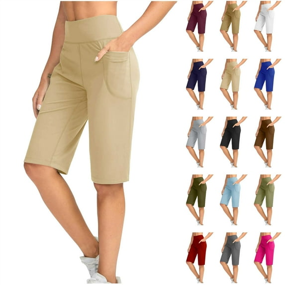 QATAINLAV High Waisted Yoga Shorts for Women Solid Color Knee Length Wide Leg Bermuda Shorts Soft Stretch Comfy Running Short Pants with Pocket Khaki L