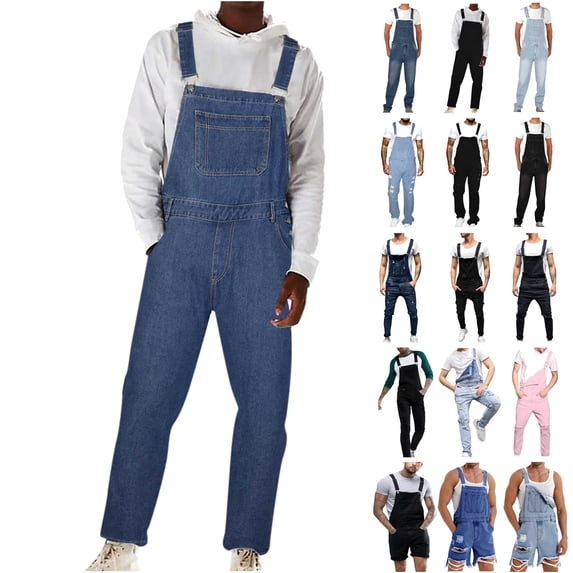 QATAINLAV Men's Jean Jumpsuits Distressed Ripped Frayed Hem Denim Overalls Casual Slim Fit Hole Jeans Solid Color One Piece Bib Overall with Pockets Black XXXL