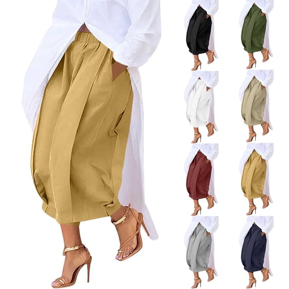 QATAINLAV Spring Savings! Pleated Pants for Women High Waisted Wide Leg Cropped Trousers Solid Color Casual Flowy Loose Palazzo Pants with Pockets Yellow L