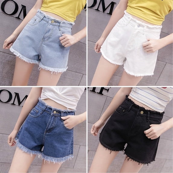 QATAINLAV Women's High Rise Frayed Hem Denim Shorts Solid Color Casual Short Jeans with Pockets Fashion Y2K Streetwear Black L