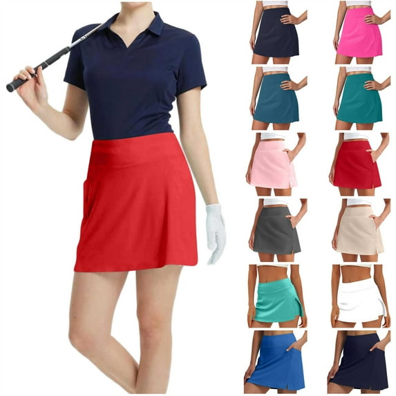 QATAINLAV Womens Side Slit Tennis Skirts with Inner Shorts Solid Casual High Waisted Skorts Yoga Workout Golf Skorts Light Blue M