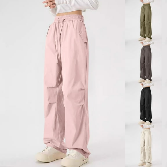 QATAINLAV Womens Wide Leg Cargo Pants Drawstring Elastic Waist Jogger Trousers Solid Casual Baggy Hiking Pants with Pockets Army Green L