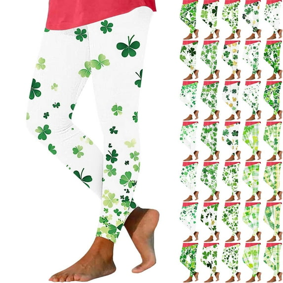 QATAINLAV St Patricks Day Leggings for Women Casual Stretchy High Waisted Yoga Pants Trendy Shamrock Print Running Leggings Full Length Tight Trousers Weekly Prime Multicolor XL
