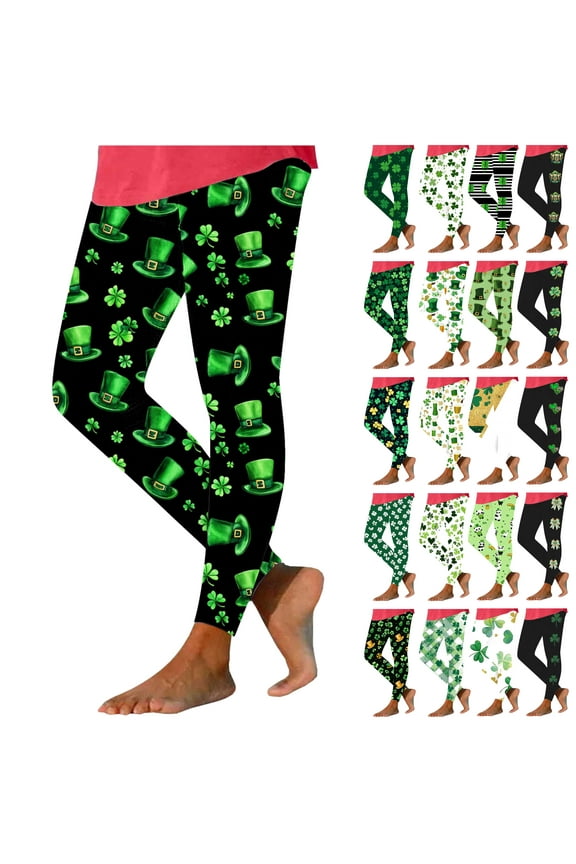 St Patricks Day Pants for Women Shamrock Leggings Irish Saint Tights Slim Fit Tummy Control Green Leggings Black XXXL Weekly Sale