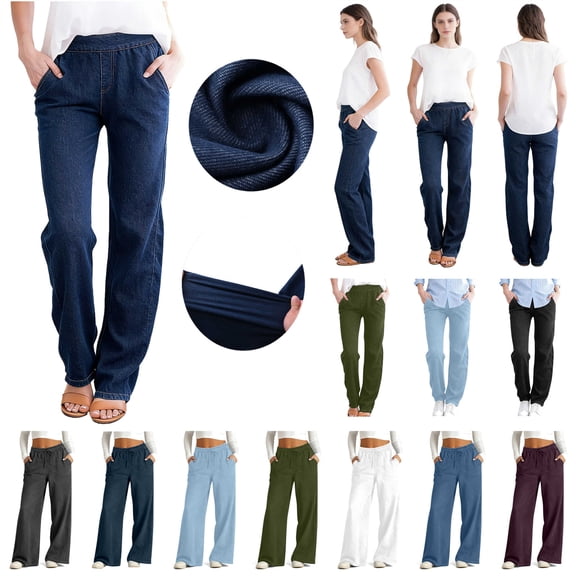 QATAINLAV Straight Leg Jeans for Women High Waisted Elastic Pull On Denim Trousers Solid Color Casual Jean Pants with Pockets Streetwear, Dark Blue, XXXL