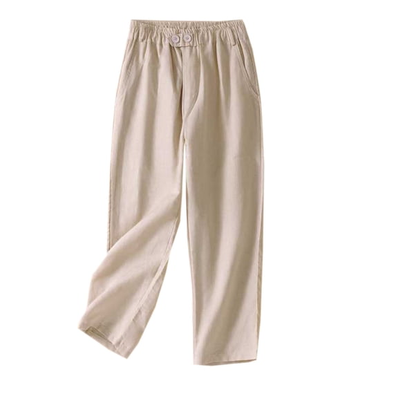 QATAINLAV Straight Trousers Womens Cotton Linen Comfy Beach Pants Summer Casual Button Elastic Waist Lounge Pants Basic Solid Color Pajama Bottoms with Pockets Lightening Sale Beige L