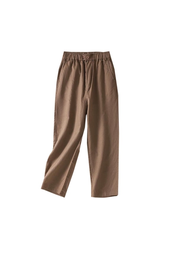Straight Trousers Womens Cotton Linen Comfy Beach Pants Summer Casual Button Elastic Waist Lounge Pants Basic Solid Color Pajama Bottoms with Pockets Khaki XL