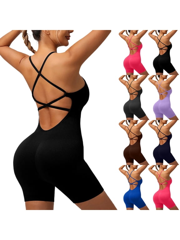 Strappy Workout Romper for Women Backless Criss-Cross One Piece Bodysuits Gym Yoga Tummy Control Seamless Activewear Gray M
