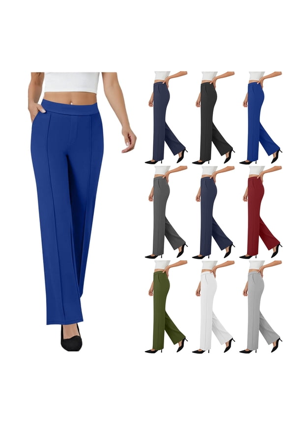 Stretchy Dress Pants for Women Elastic High Waisted Straight Leg Yoga Pants Solid Office Business Work Trousers with Pockets, Blue, S