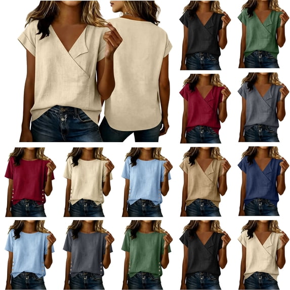 QATAINLAV Stripe Tops for Women Summer Cotton Linen Petal Sleeve Shirts Loose Casual Skew V Neck Button Blouses Vacation Clothes Blue M Birthday Gifts