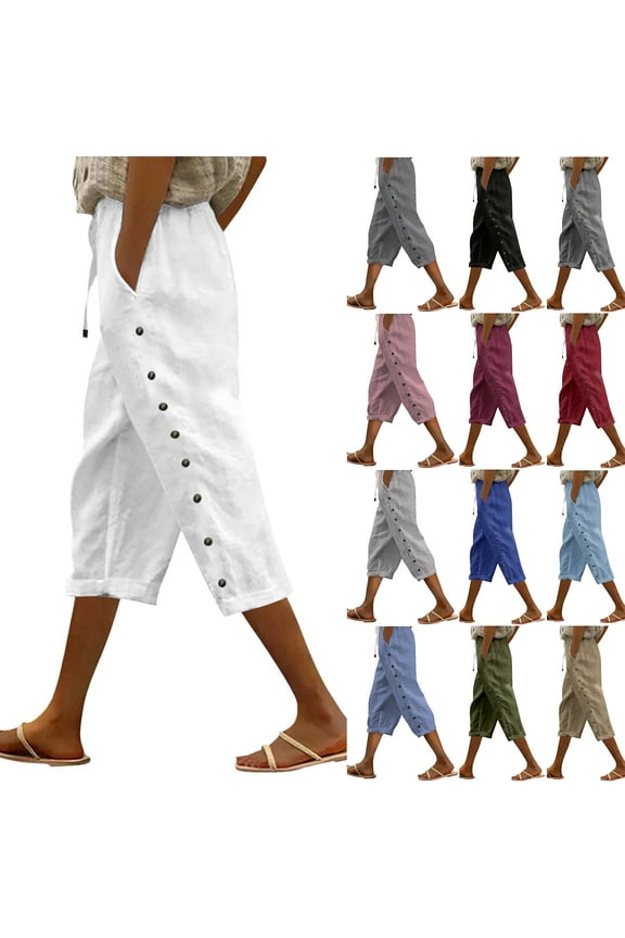 Striped Linen Capri Pants for Women Summer Lightweight Drawstring Cropped Trousers Vacation Beach Short Pants with Pockets Pink M Ofertas en Walmart