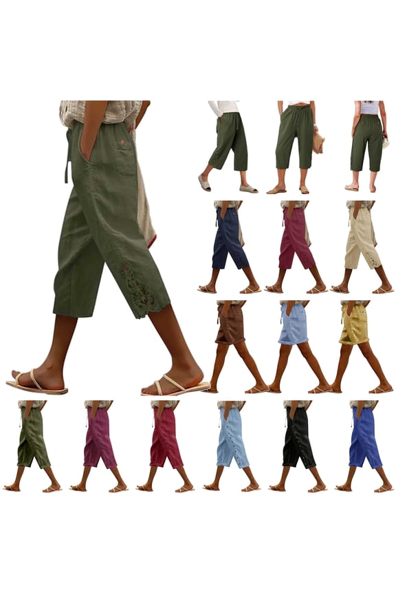 Capri Pants for Women 2026 Summer Side Button Cropped Pants Casual Drawstring Beach Capris with Pockets Vacation Outfits Blue L