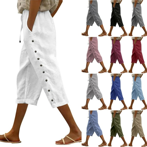 QATAINLAV Striped Linen Pants Women Summer Lightweight Drawstring Cropped Beach Pants Loose Fit Side Button Capris with Pockets Gray XXL Daily Sales of The Day