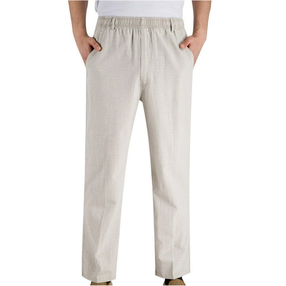 QATAINLAV Suit Pants for Men Summer Lightweight Linen Beach Pants Basic Solid Color Elastic Waist Straight Trousers with Pockets Pants Para Hombre Beige 3XL