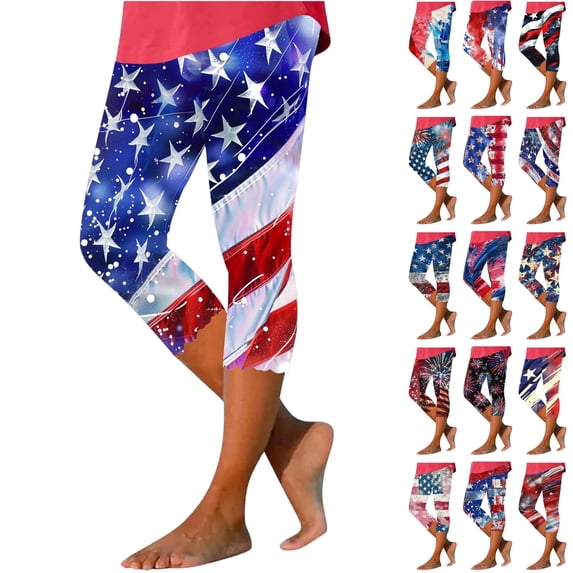 QATAINLAV Summer 4th of July Leggings for Wamen Fashion American Flag Patriotic Legging Capris Beach Vacation Cropped Pants Blue S Spring Savings