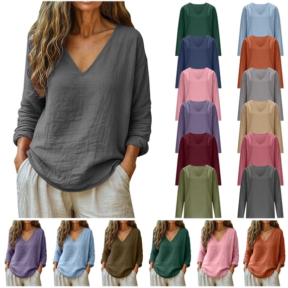 QATAINLAV Summer Beach Tops for Women V Neck Long Sleeve Linen Shirts Loose Solid Casual Tunic Vacation Outfits Army Green XXL