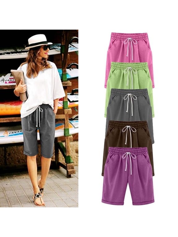 Summer Bermuda Shorts Plus Size Women Linen Knee Length Beach Shorts Basic Solid Lounge Shorts Casual Drawstring Going Out Short Pants with Pockets Lightning Sales Today Purple 5XL